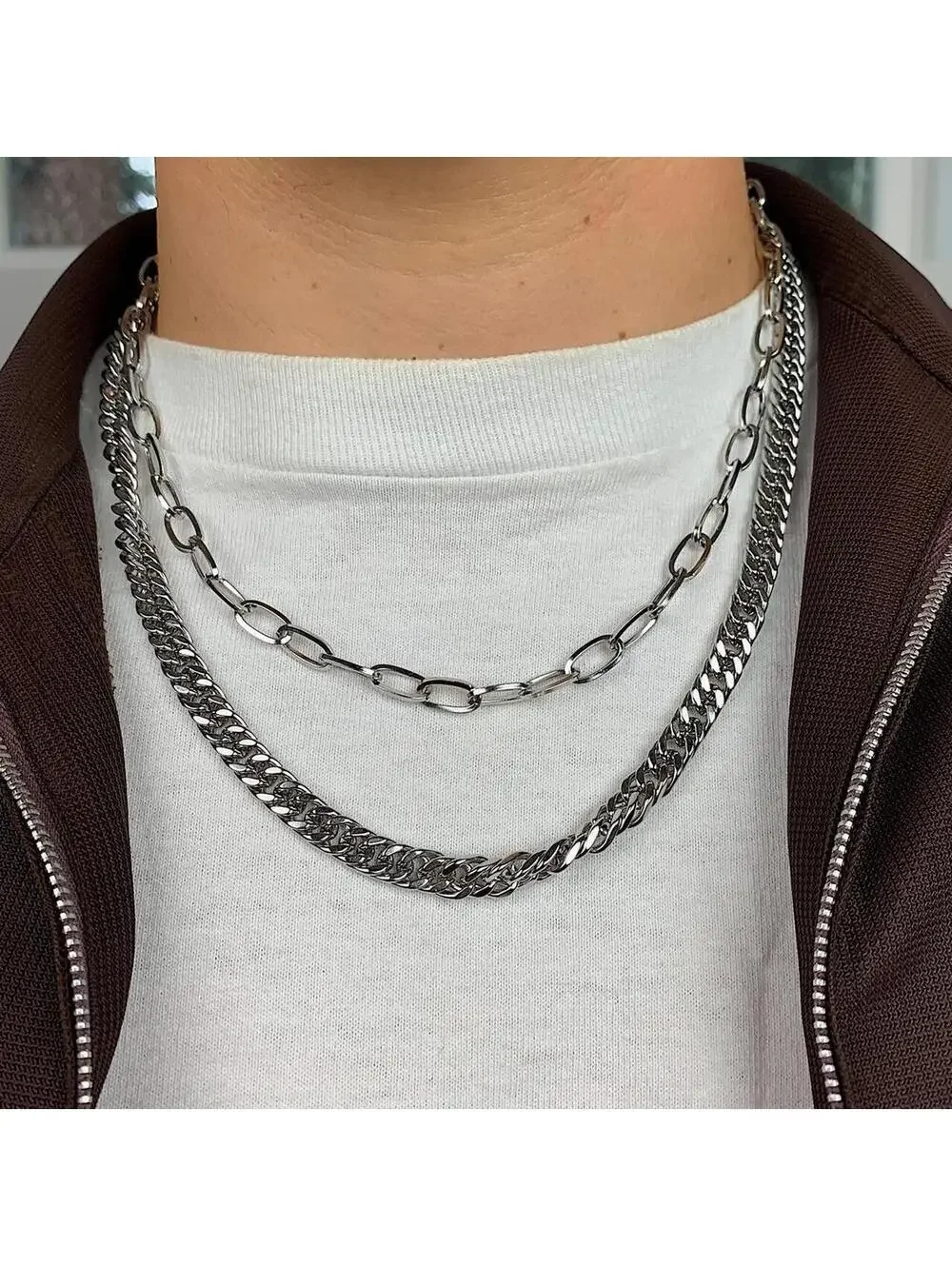 Stainless steel Cyber y2k Double layer silver chrome chain grunge Cuban link
